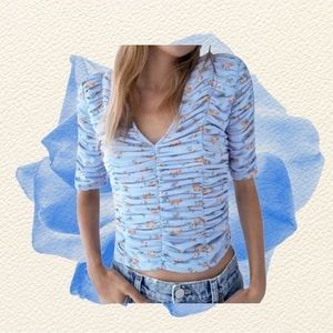 Zara Floral Ruched Tulle V-Neck‎ Blouse Top Size Small